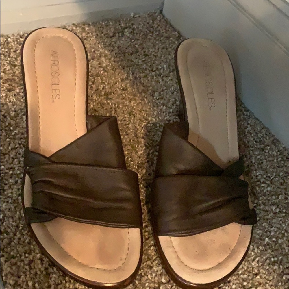 Brown Aerosole leather sandals with wooden heel - Picture 2 of 8